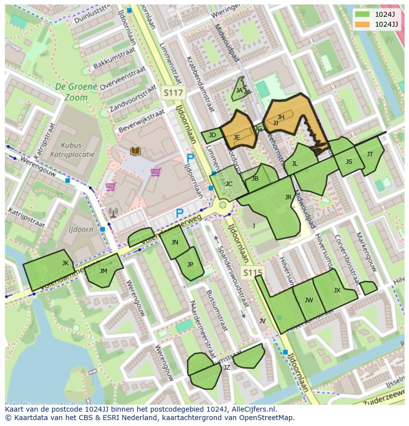 Afbeelding van het postcodegebied 1024 JJ op de kaart.