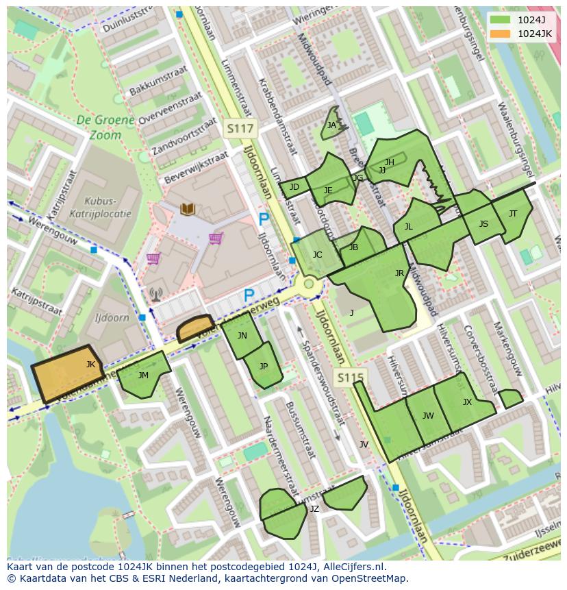 Afbeelding van het postcodegebied 1024 JK op de kaart.