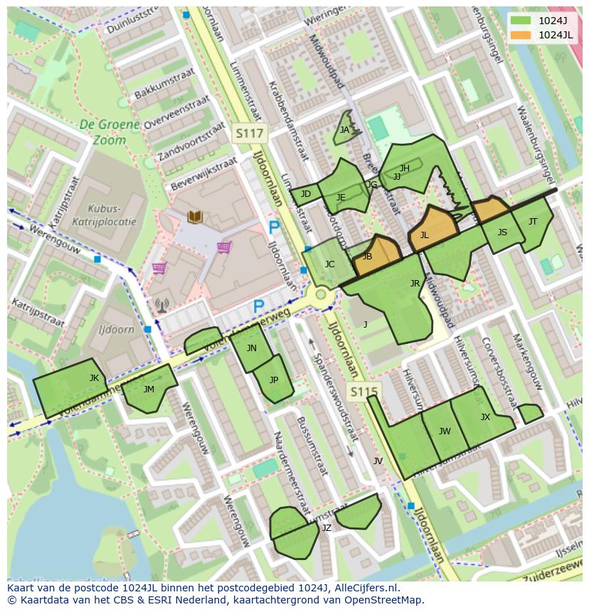 Afbeelding van het postcodegebied 1024 JL op de kaart.