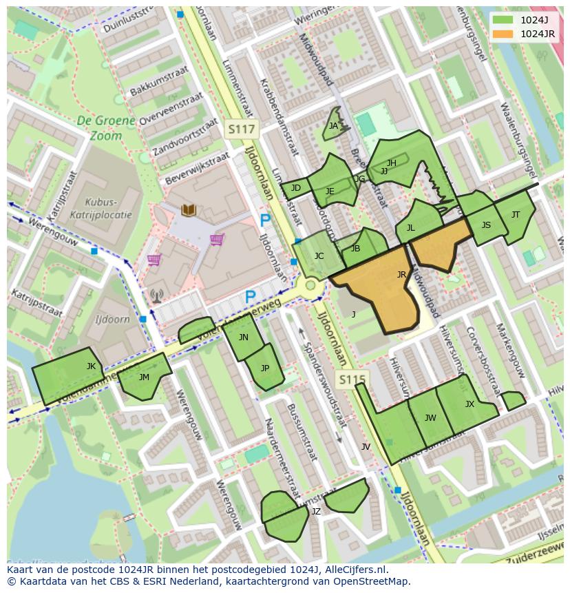 Afbeelding van het postcodegebied 1024 JR op de kaart.