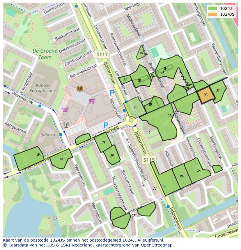 Afbeelding van het postcodegebied 1024 JS op de kaart.