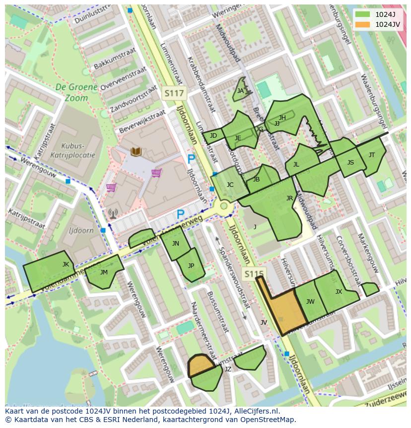 Afbeelding van het postcodegebied 1024 JV op de kaart.