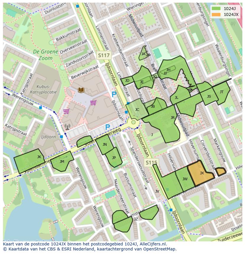 Afbeelding van het postcodegebied 1024 JX op de kaart.