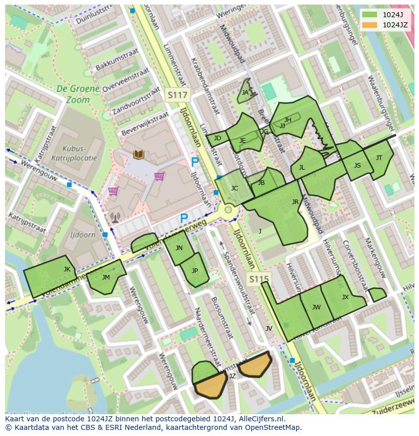 Afbeelding van het postcodegebied 1024 JZ op de kaart.