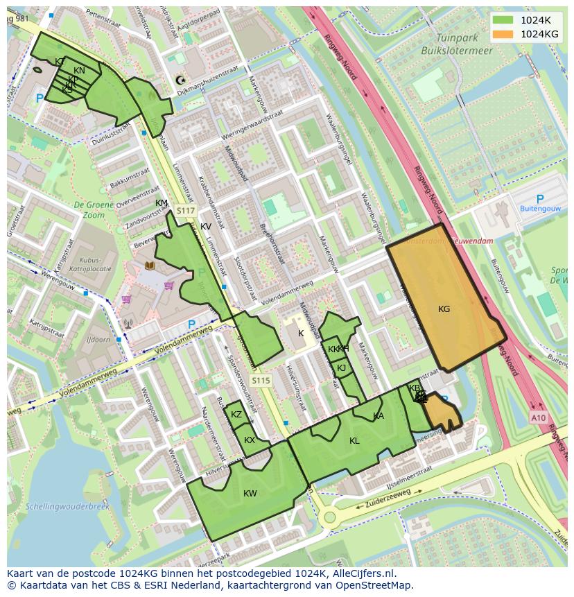 Afbeelding van het postcodegebied 1024 KG op de kaart.