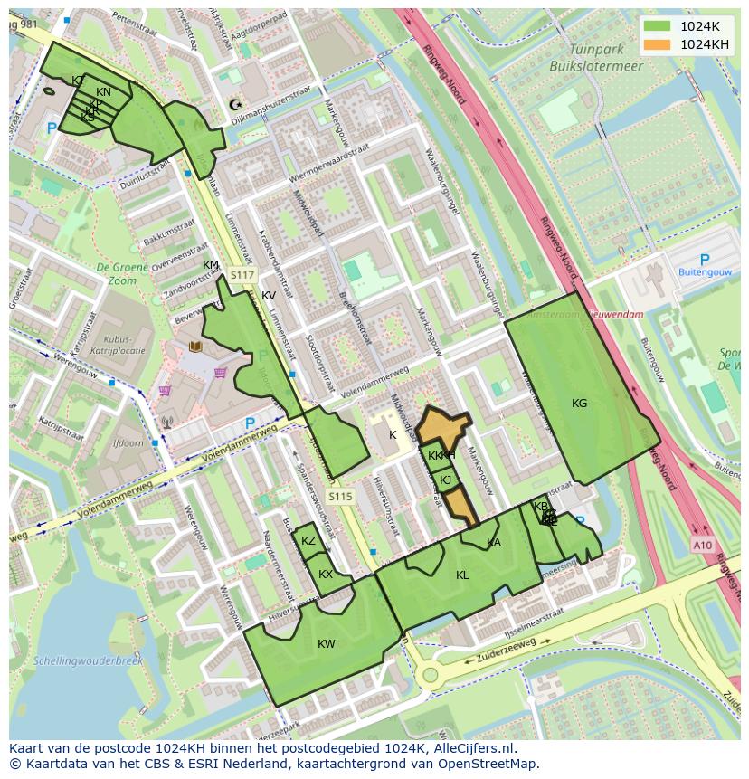 Afbeelding van het postcodegebied 1024 KH op de kaart.
