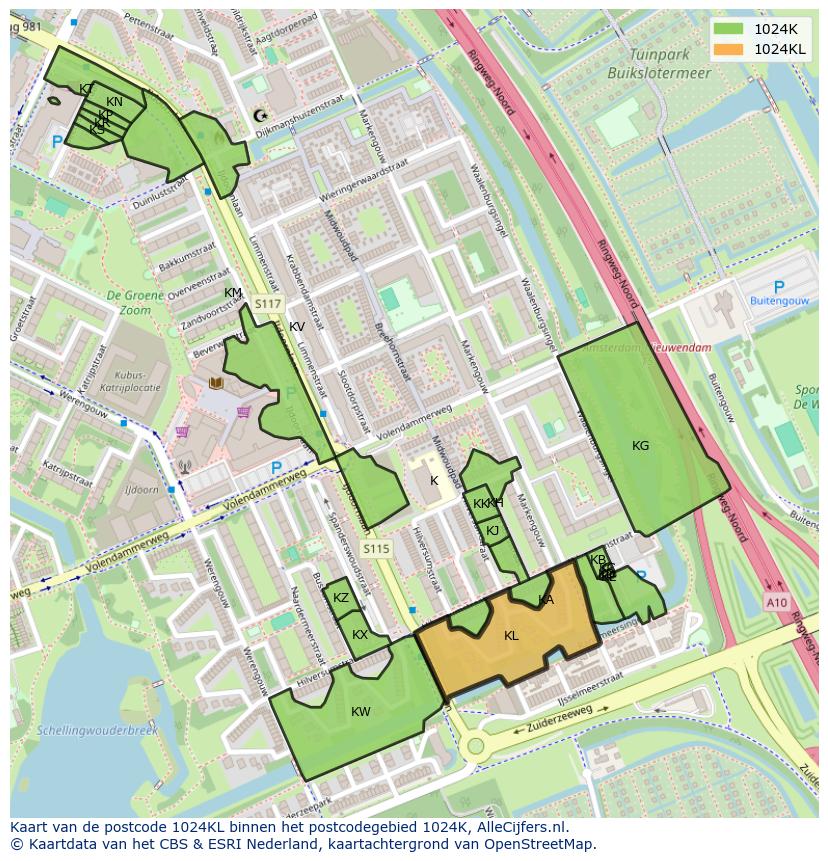 Afbeelding van het postcodegebied 1024 KL op de kaart.