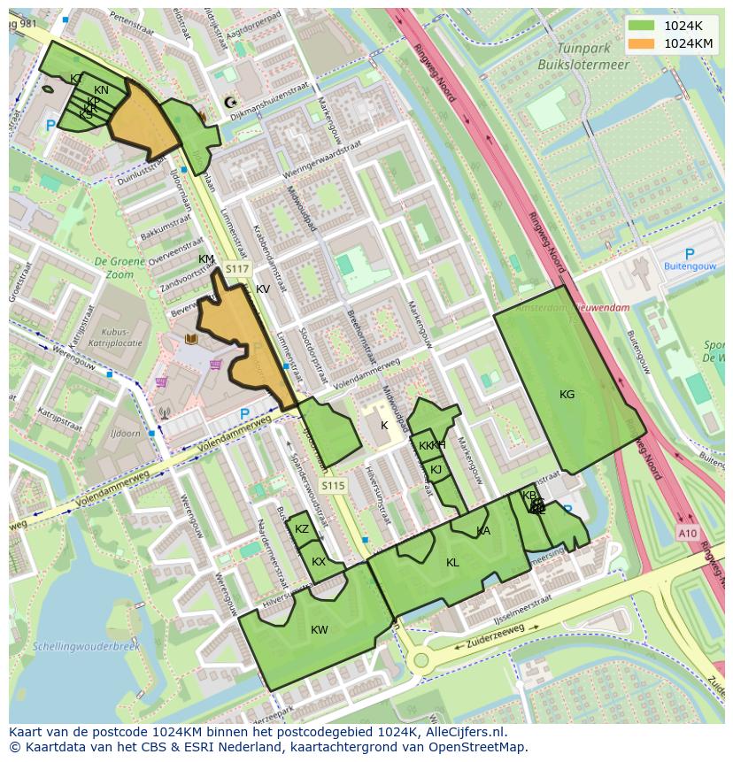 Afbeelding van het postcodegebied 1024 KM op de kaart.