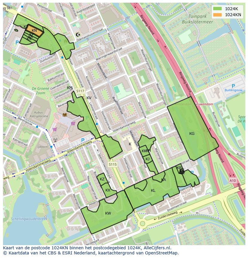Afbeelding van het postcodegebied 1024 KN op de kaart.