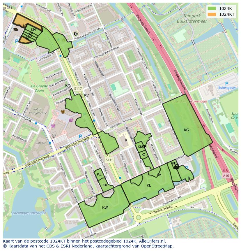 Afbeelding van het postcodegebied 1024 KT op de kaart.