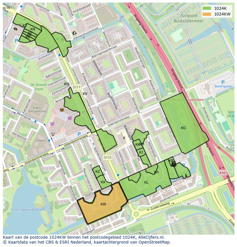 Afbeelding van het postcodegebied 1024 KW op de kaart.