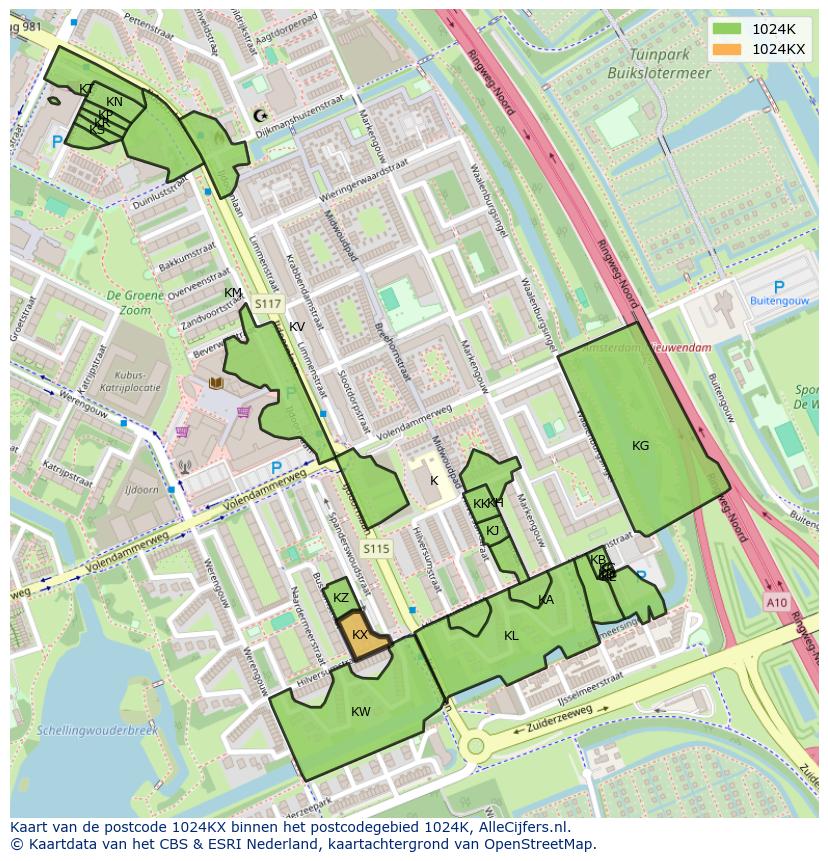 Afbeelding van het postcodegebied 1024 KX op de kaart.