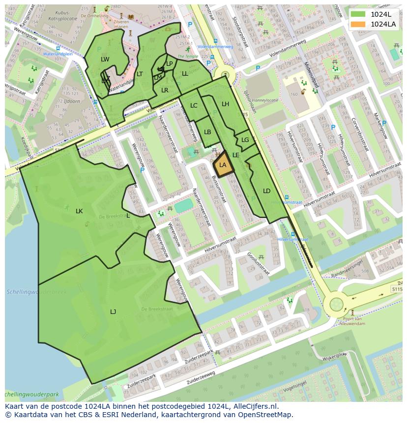 Afbeelding van het postcodegebied 1024 LA op de kaart.