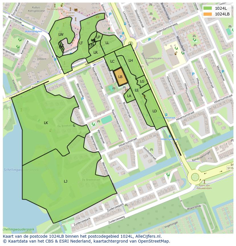 Afbeelding van het postcodegebied 1024 LB op de kaart.