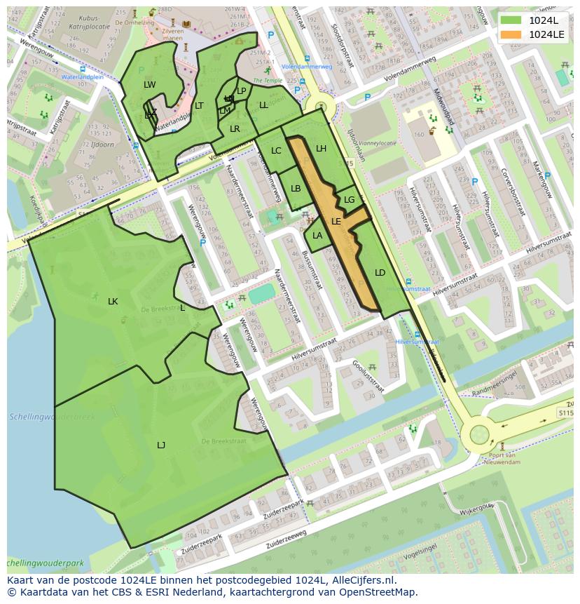 Afbeelding van het postcodegebied 1024 LE op de kaart.