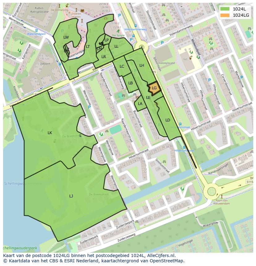 Afbeelding van het postcodegebied 1024 LG op de kaart.
