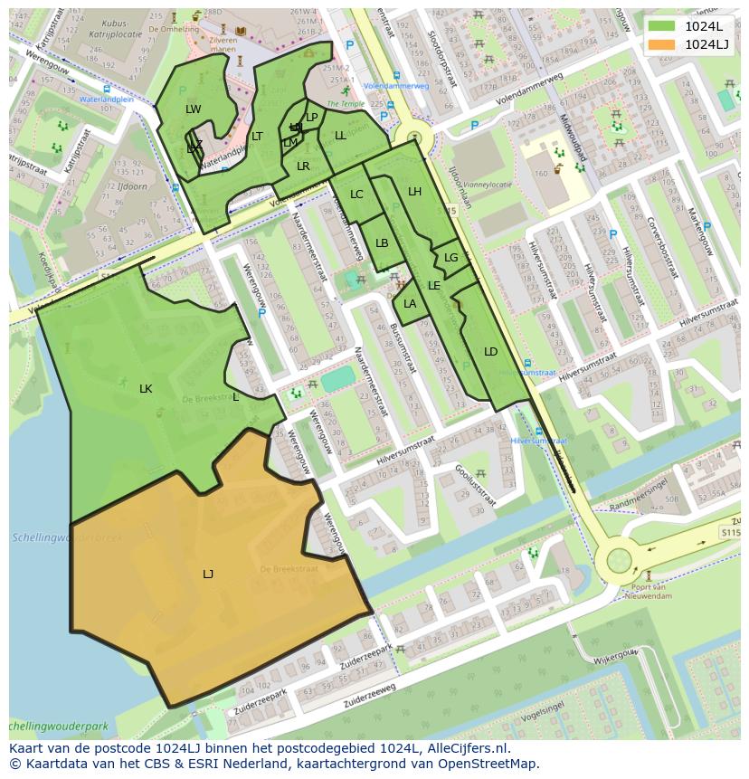 Afbeelding van het postcodegebied 1024 LJ op de kaart.