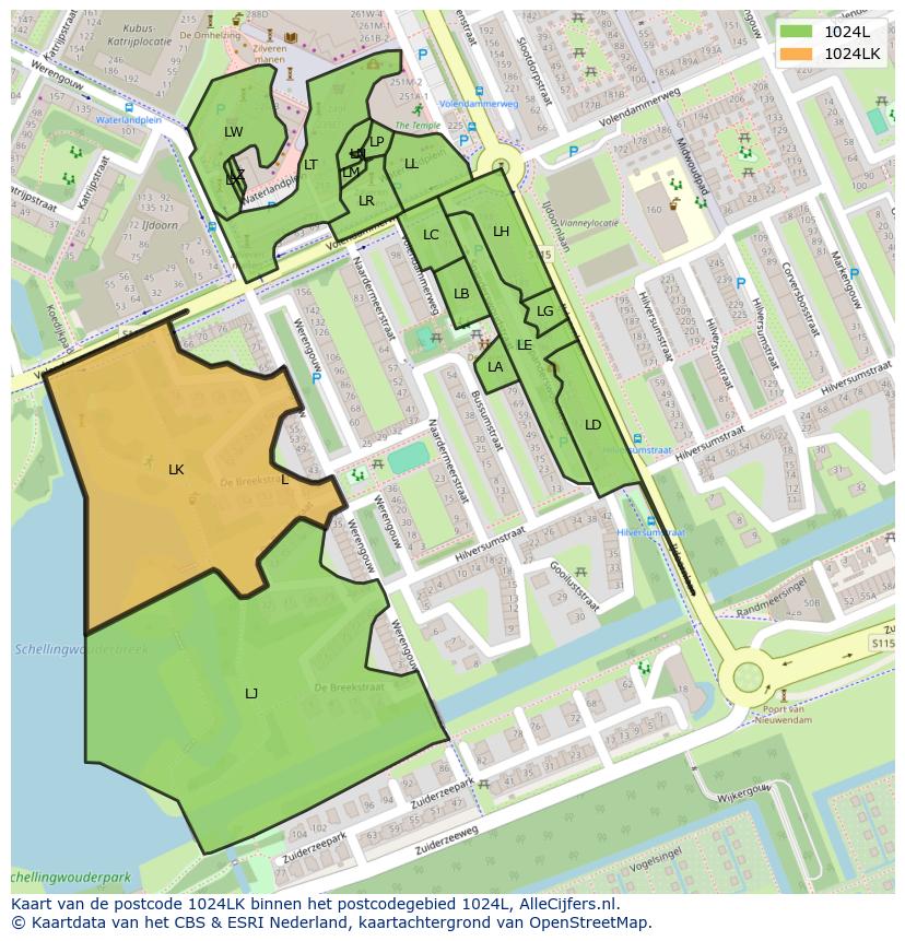 Afbeelding van het postcodegebied 1024 LK op de kaart.