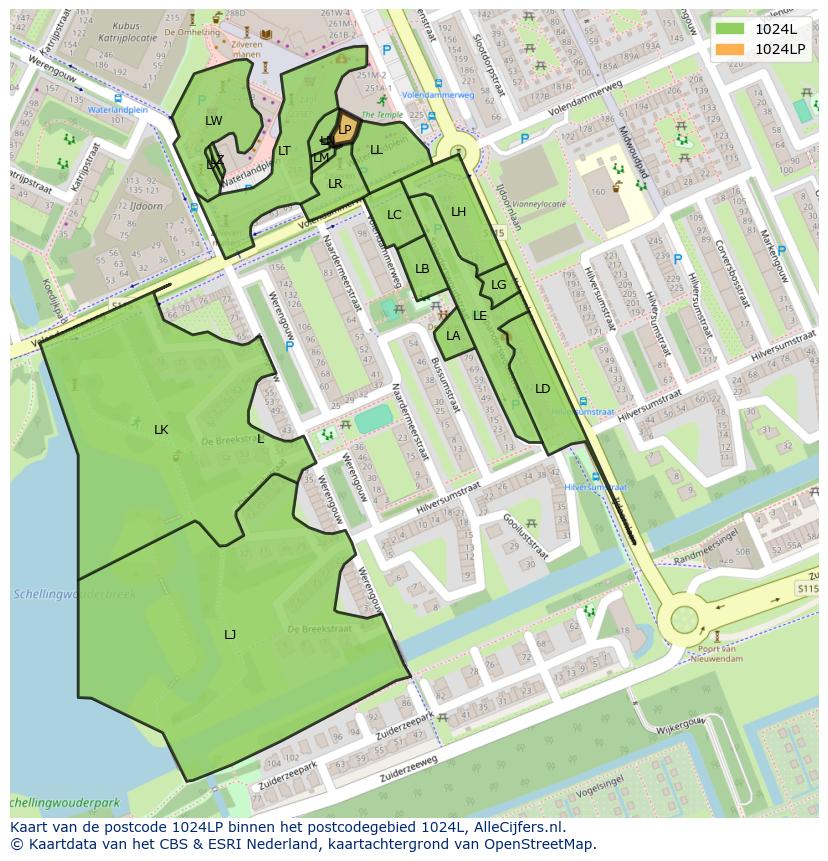 Afbeelding van het postcodegebied 1024 LP op de kaart.