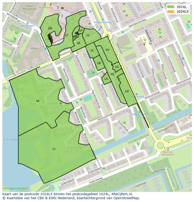 Afbeelding van het postcodegebied 1024 LX op de kaart.