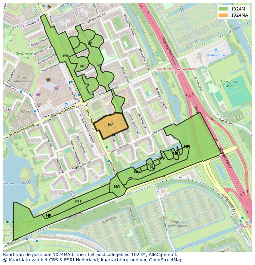Afbeelding van het postcodegebied 1024 MA op de kaart.