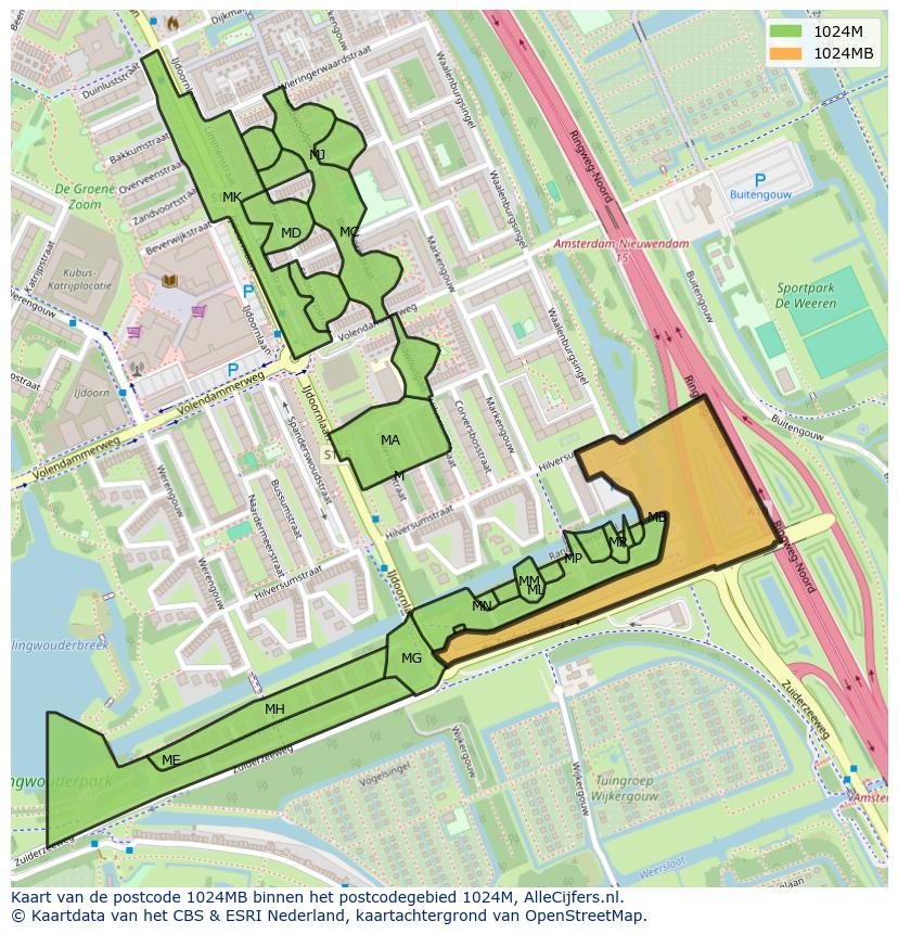 Afbeelding van het postcodegebied 1024 MB op de kaart.