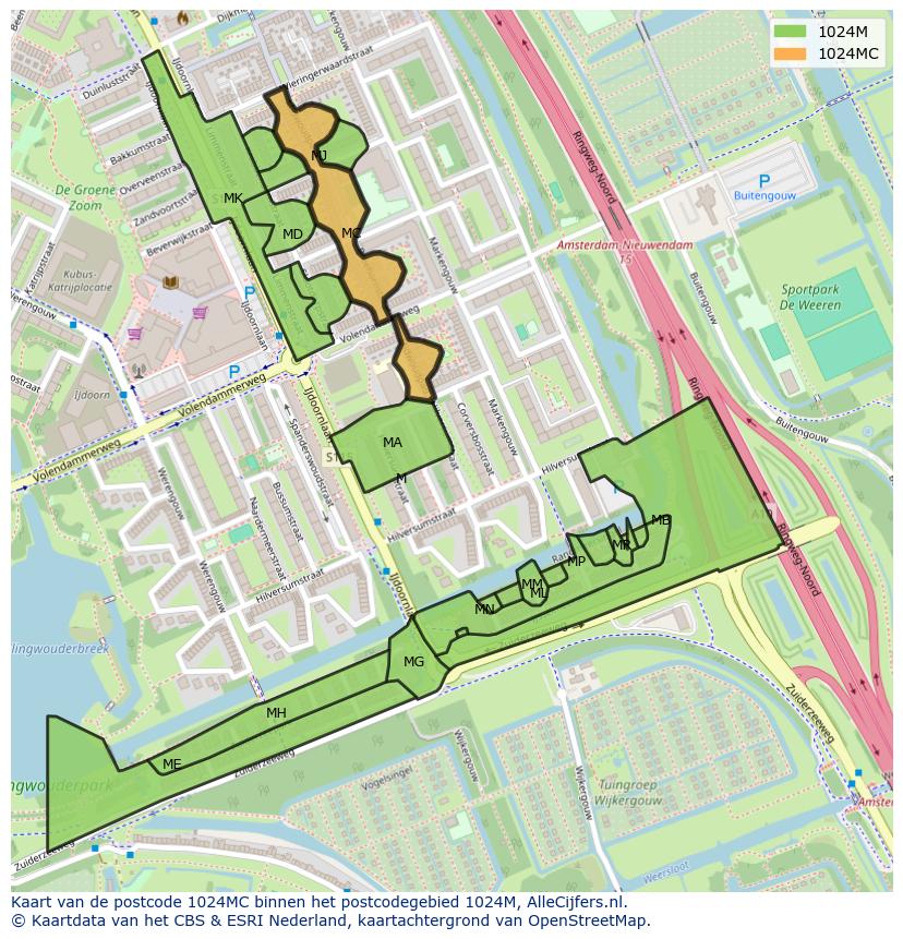 Afbeelding van het postcodegebied 1024 MC op de kaart.