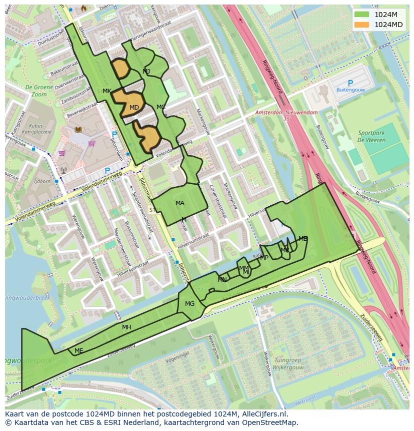 Afbeelding van het postcodegebied 1024 MD op de kaart.