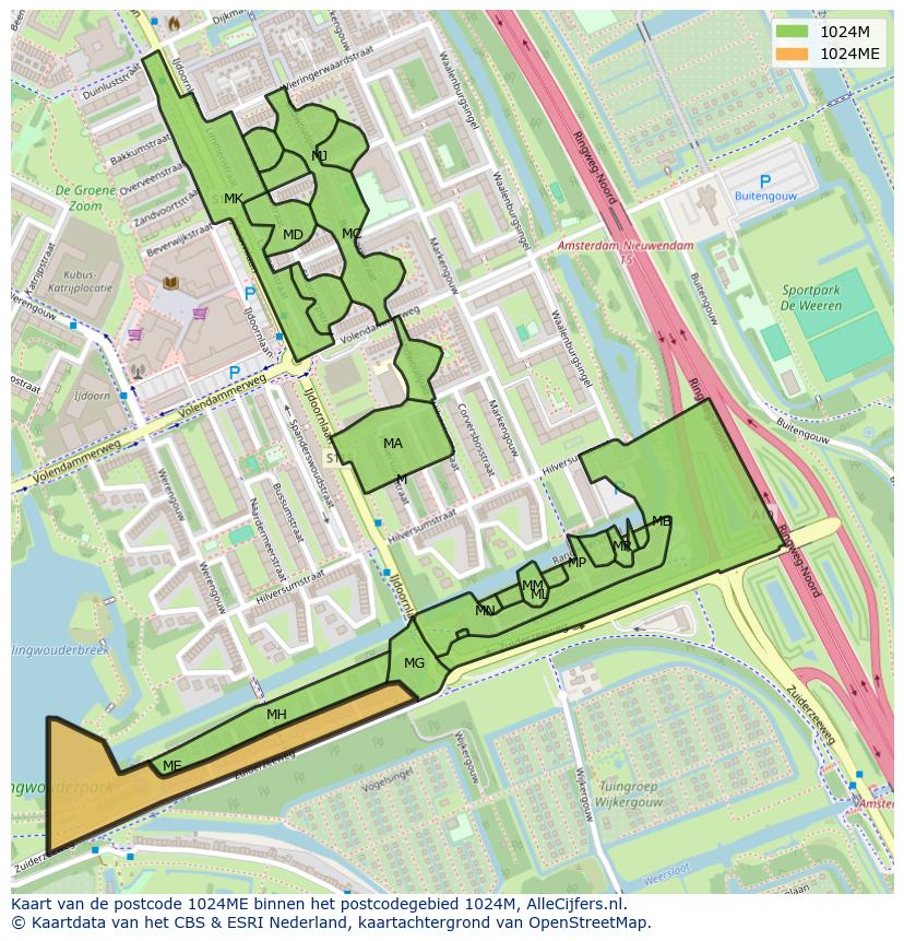 Afbeelding van het postcodegebied 1024 ME op de kaart.