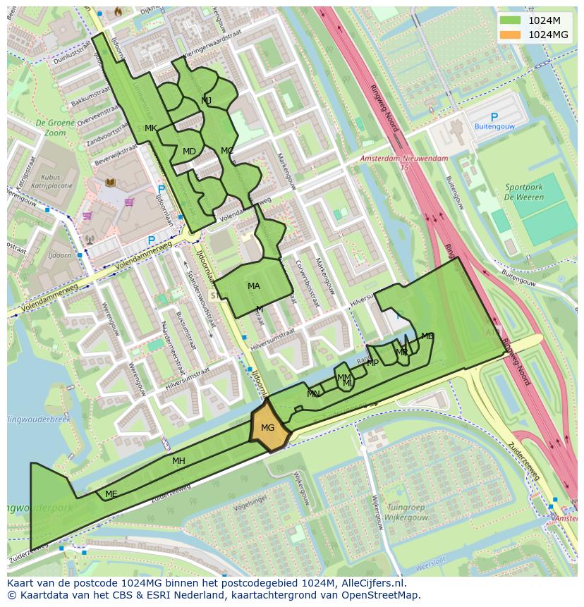 Afbeelding van het postcodegebied 1024 MG op de kaart.