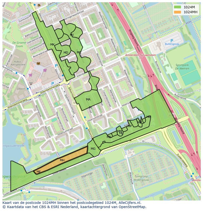Afbeelding van het postcodegebied 1024 MH op de kaart.