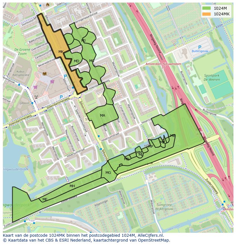 Afbeelding van het postcodegebied 1024 MK op de kaart.