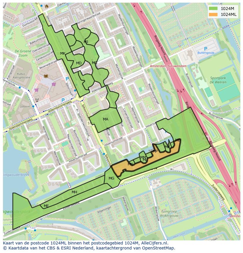 Afbeelding van het postcodegebied 1024 ML op de kaart.