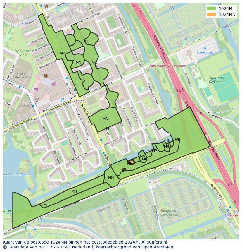 Afbeelding van het postcodegebied 1024 MN op de kaart.