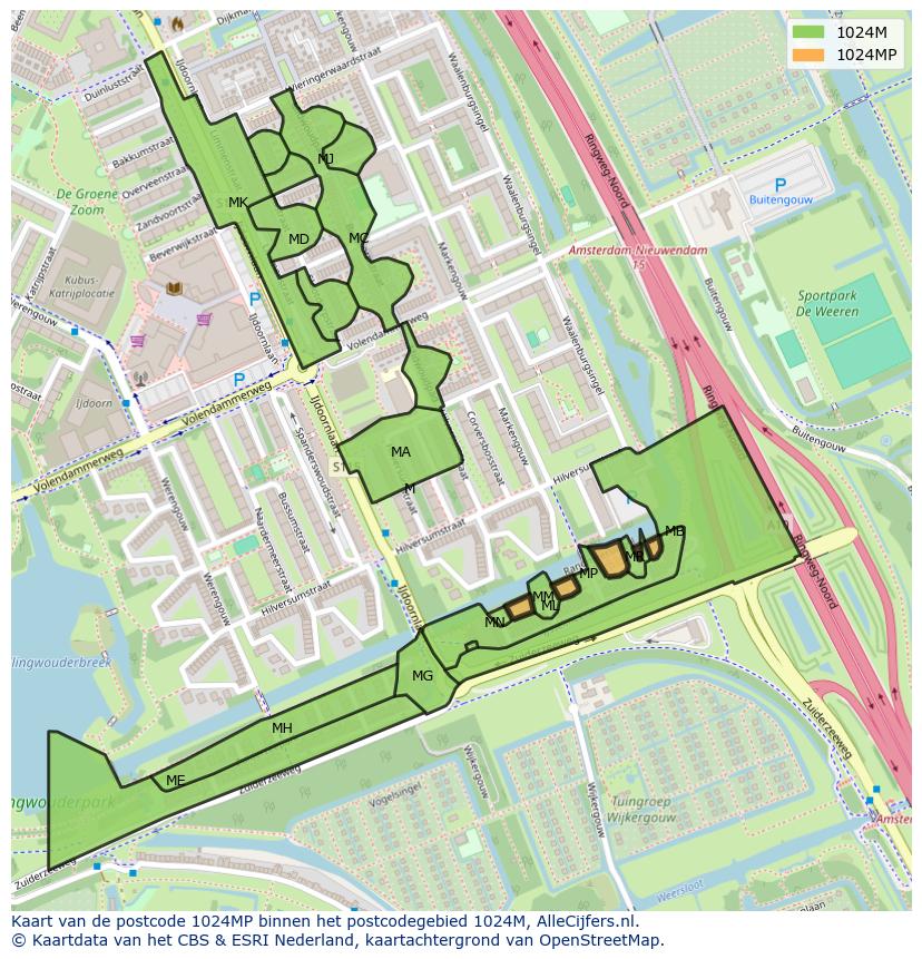 Afbeelding van het postcodegebied 1024 MP op de kaart.