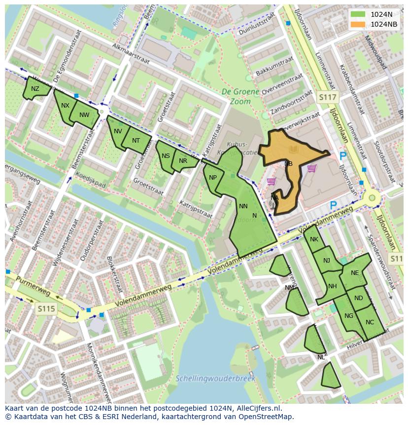 Afbeelding van het postcodegebied 1024 NB op de kaart.