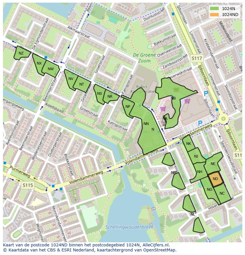 Afbeelding van het postcodegebied 1024 ND op de kaart.