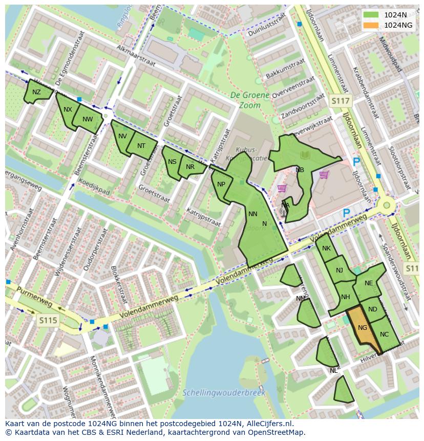 Afbeelding van het postcodegebied 1024 NG op de kaart.