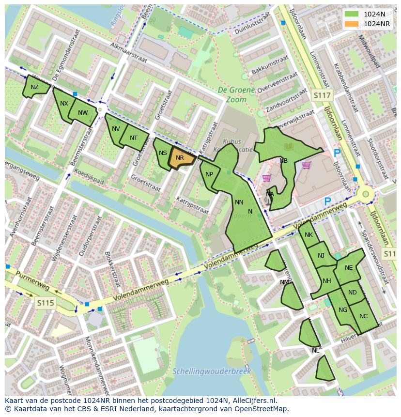 Afbeelding van het postcodegebied 1024 NR op de kaart.
