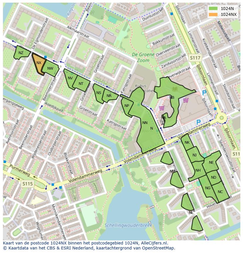 Afbeelding van het postcodegebied 1024 NX op de kaart.