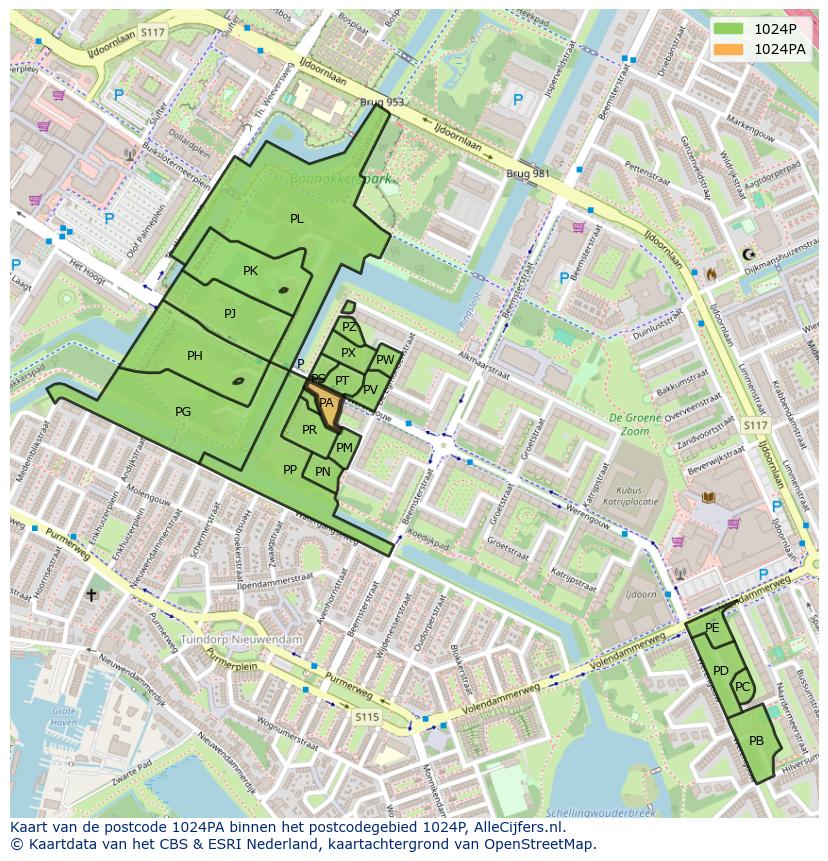 Afbeelding van het postcodegebied 1024 PA op de kaart.
