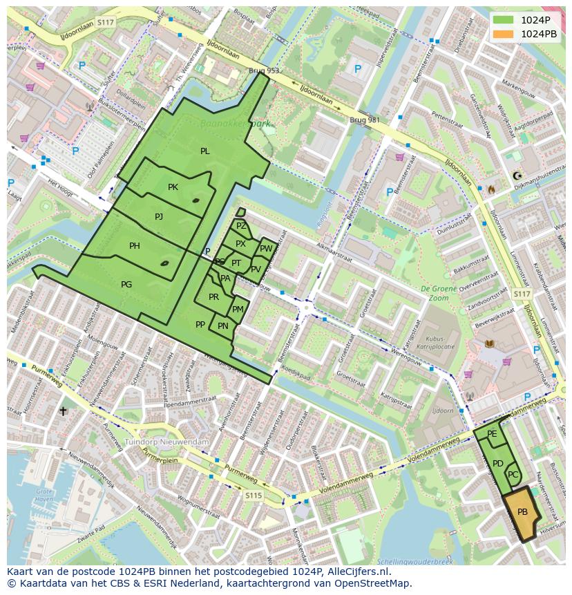 Afbeelding van het postcodegebied 1024 PB op de kaart.