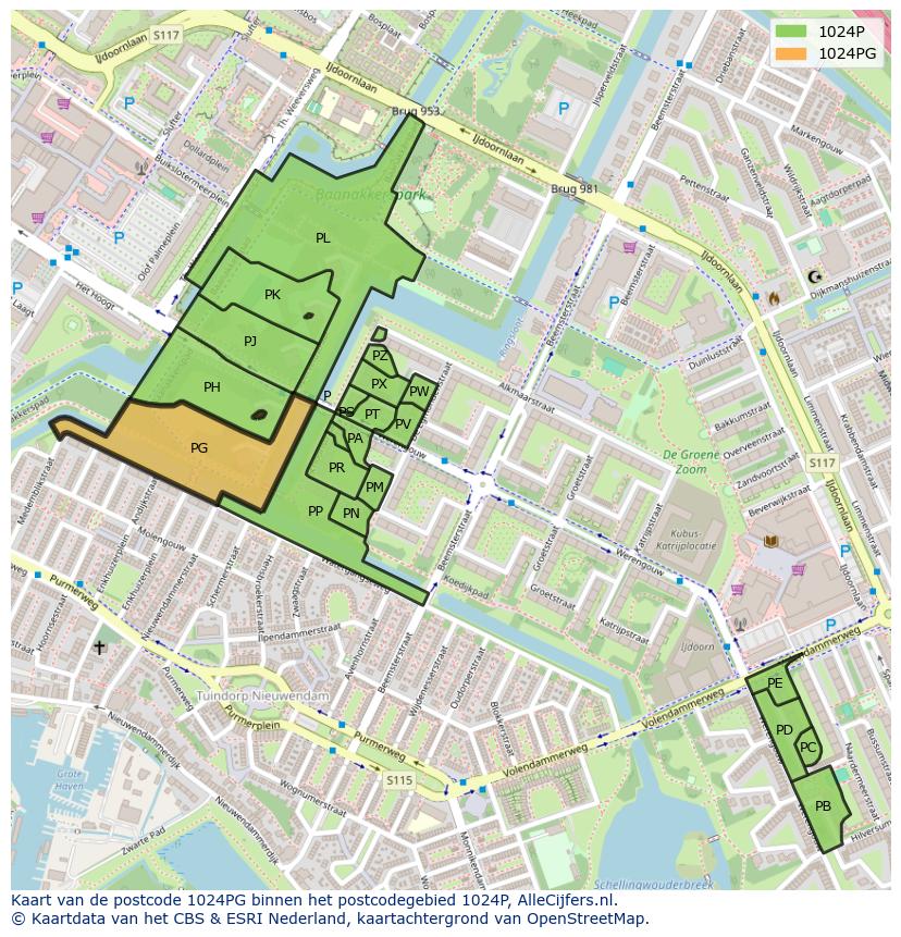 Afbeelding van het postcodegebied 1024 PG op de kaart.