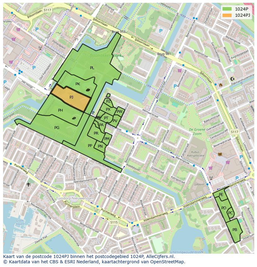 Afbeelding van het postcodegebied 1024 PJ op de kaart.