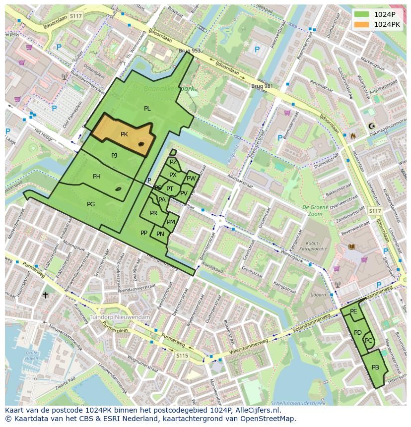 Afbeelding van het postcodegebied 1024 PK op de kaart.