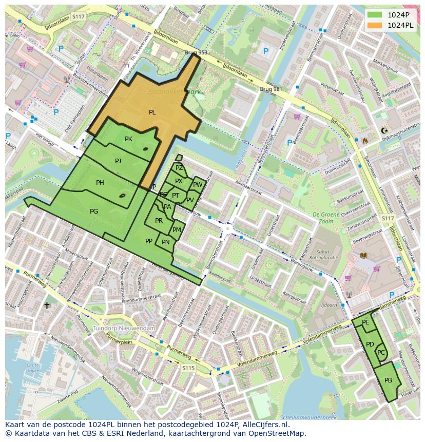 Afbeelding van het postcodegebied 1024 PL op de kaart.