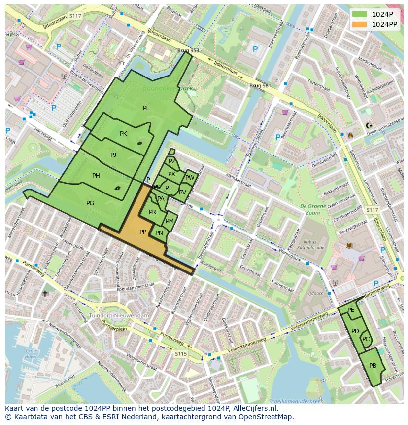 Afbeelding van het postcodegebied 1024 PP op de kaart.