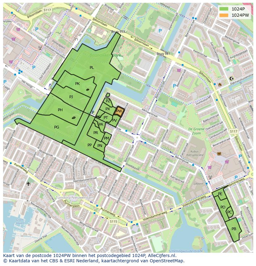 Afbeelding van het postcodegebied 1024 PW op de kaart.