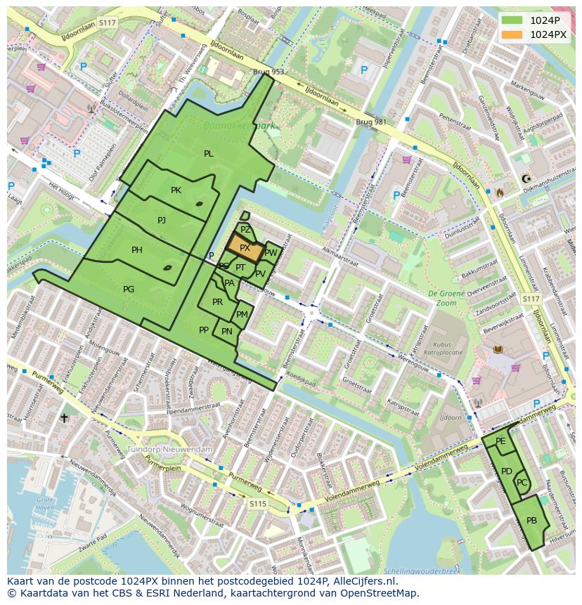 Afbeelding van het postcodegebied 1024 PX op de kaart.