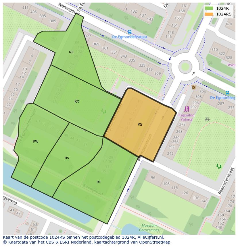 Afbeelding van het postcodegebied 1024 RS op de kaart.
